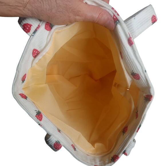 Strawberry Print White Corduroy Tote Bag – Lightweight Summer Shoulder Purse - Picture 5 of 6